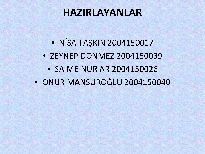 HAZIRLAYANLAR • NİSA TAŞKIN 2004150017 • ZEYNEP DÖNMEZ 2004150039 • SAİME NUR AR 2004150026