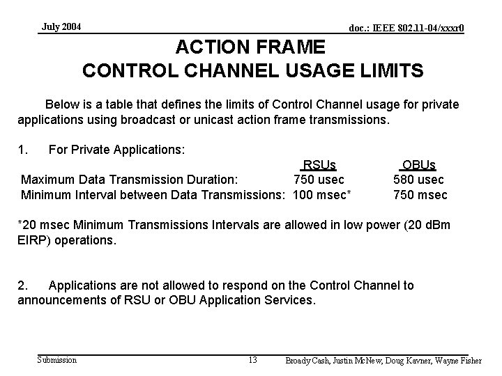 July 2004 doc. : IEEE 802. 11 -04/xxxr 0 ACTION FRAME CONTROL CHANNEL USAGE