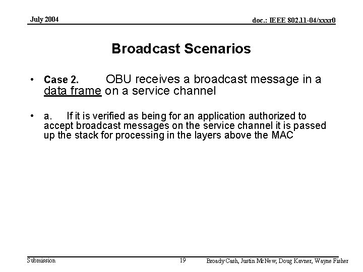 July 2004 doc. : IEEE 802. 11 -04/xxxr 0 Broadcast Scenarios OBU receives a