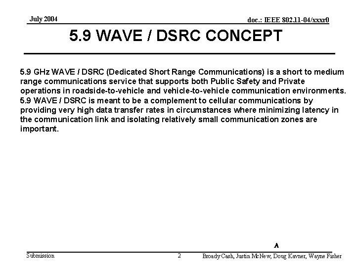 July 2004 doc. : IEEE 802. 11 -04/xxxr 0 5. 9 WAVE / DSRC