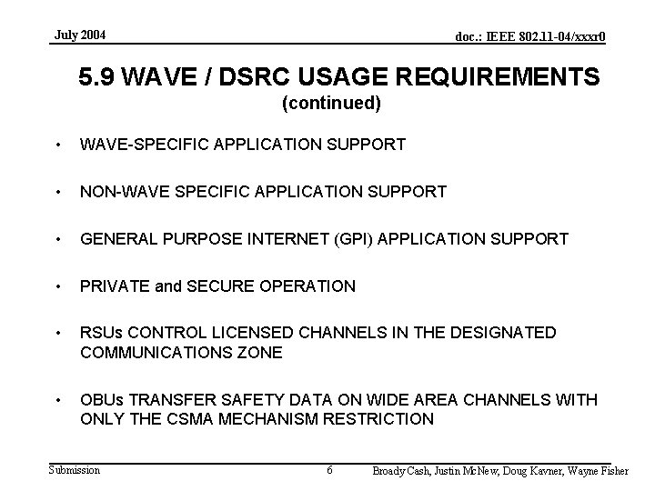 July 2004 doc. : IEEE 802. 11 -04/xxxr 0 5. 9 WAVE / DSRC