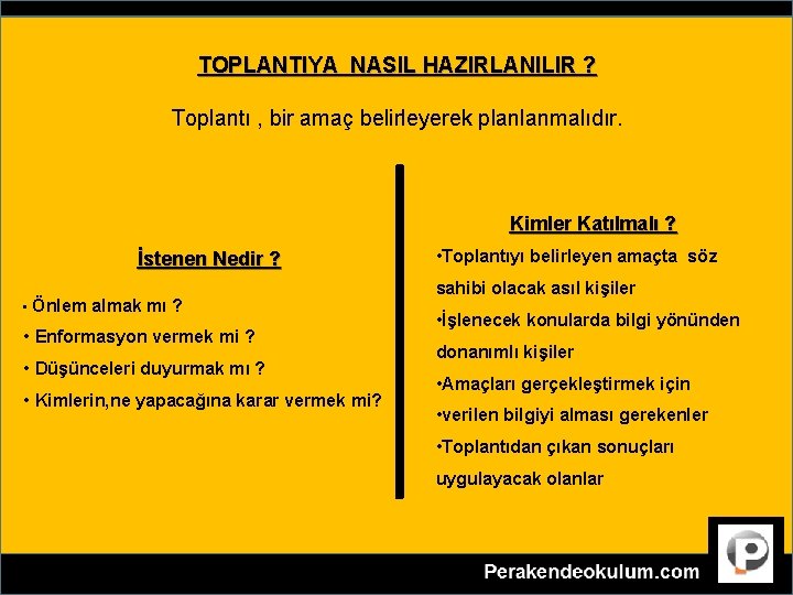 TOPLANTIYA NASIL HAZIRLANILIR ? Toplantı , bir amaç belirleyerek planlanmalıdır. Kimler Katılmalı ? İstenen