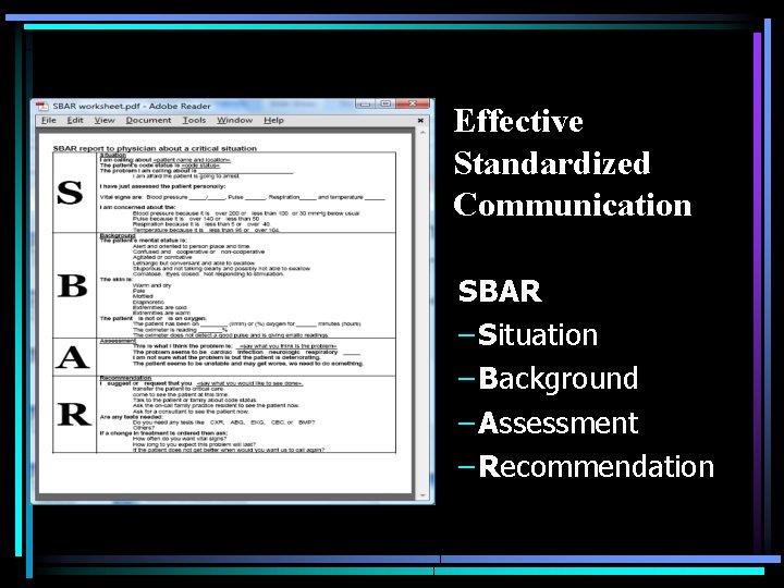 Effective Standardized Communication SBAR – Situation – Background – Assessment – Recommendation 