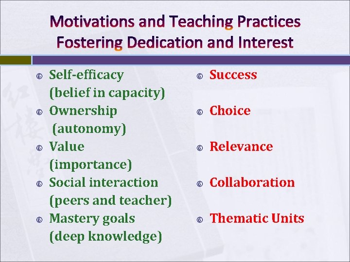 Motivations and Teaching Practices Fostering Dedication and Interest Self-efficacy (belief in capacity) Ownership (autonomy) Motivations and Teaching Practices Fostering Dedication and Interest Self-efficacy (belief in capacity) Ownership (autonomy)