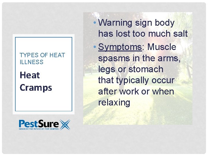 TYPES OF HEAT ILLNESS Heat Cramps • Warning sign body has lost too much