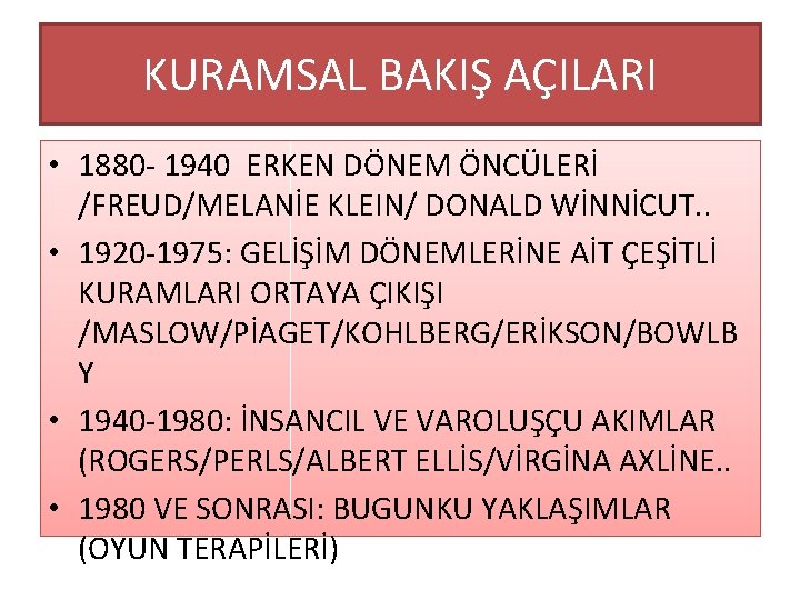 KURAMSAL BAKIŞ AÇILARI • 1880 - 1940 ERKEN DÖNEM ÖNCÜLERİ /FREUD/MELANİE KLEIN/ DONALD WİNNİCUT.