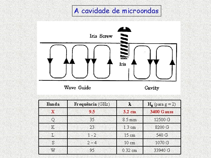 A cavidade de microondas Banda Frequência (GHz) H 0 (para g = 2) X