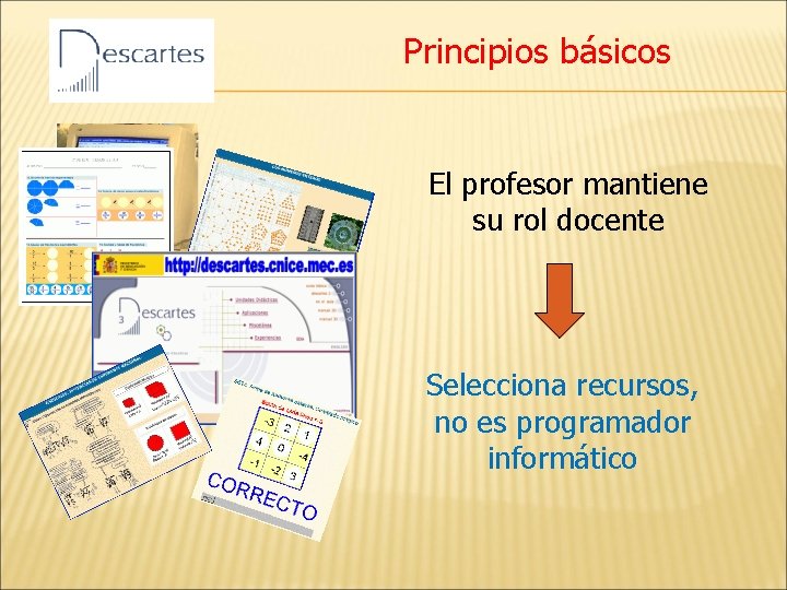 Principios básicos El profesor mantiene su rol docente Selecciona recursos, no es programador informático