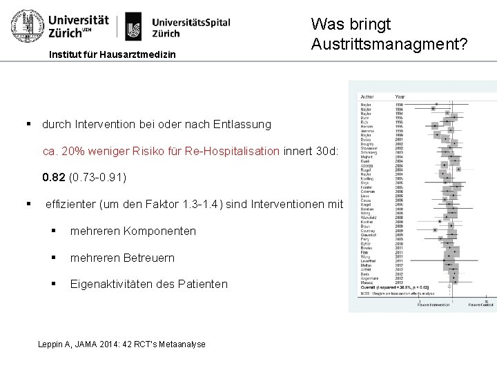 Institut für Hausarztmedizin Was bringt Austrittsmanagment? § durch Intervention bei oder nach Entlassung ca.