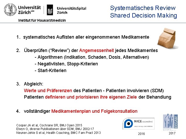 Institut für Hausarztmedizin Systematisches Review Shared Decision Making 1. systematisches Auflisten aller eingenommenen Medikamente