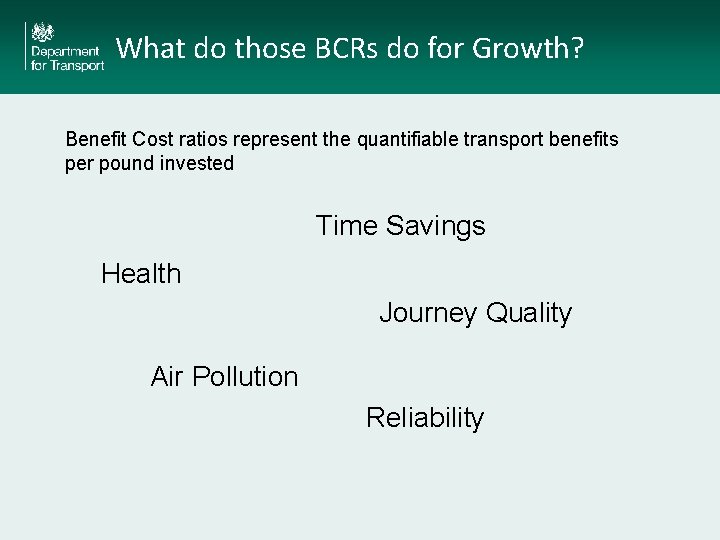 What do those BCRs do for Growth? Benefit Cost ratios represent the quantifiable transport