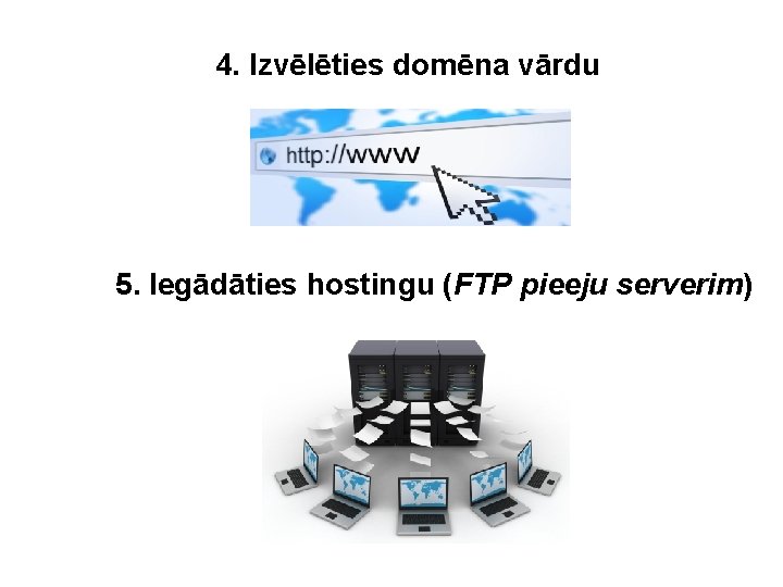 4. Izvēlēties domēna vārdu 5. Iegādāties hostingu (FTP pieeju serverim) 