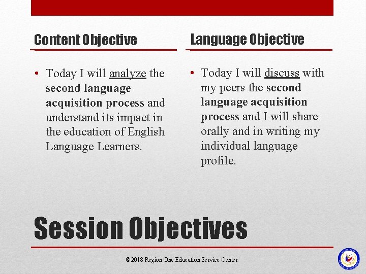 Content Objective Language Objective • Today I will analyze the second language acquisition process Content Objective Language Objective • Today I will analyze the second language acquisition process