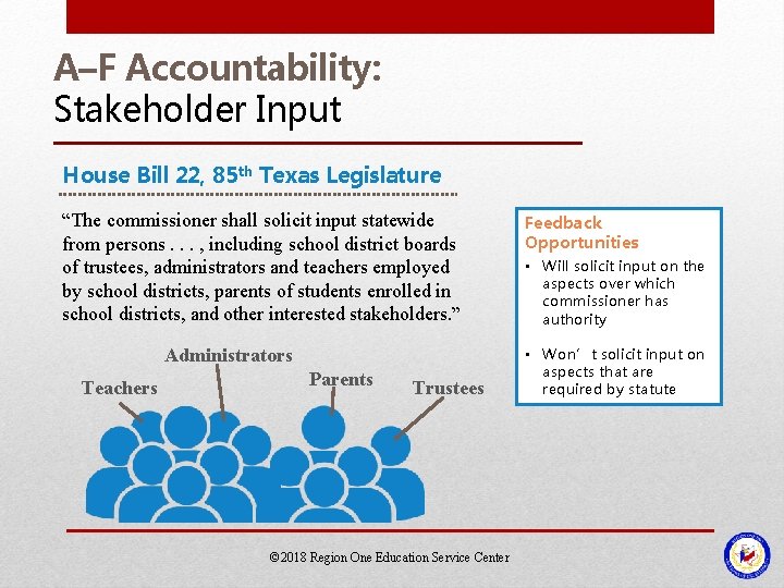 A–F Accountability: Stakeholder Input House Bill 22, 85 th Texas Legislature “The commissioner shall A–F Accountability: Stakeholder Input House Bill 22, 85 th Texas Legislature “The commissioner shall