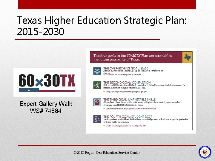 Texas Higher Education Strategic Plan: 2015 -2030 Expert Gallery Walk WS# 74884 © 2018 Texas Higher Education Strategic Plan: 2015 -2030 Expert Gallery Walk WS# 74884 © 2018
