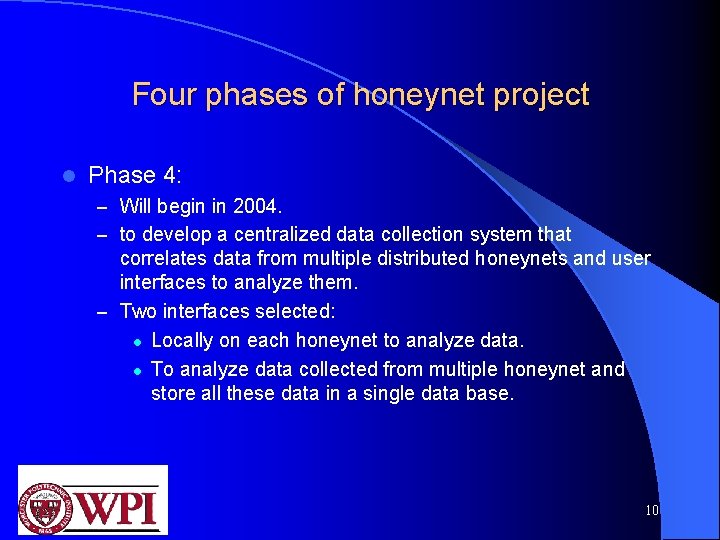 Four phases of honeynet project l Phase 4: – Will begin in 2004. –