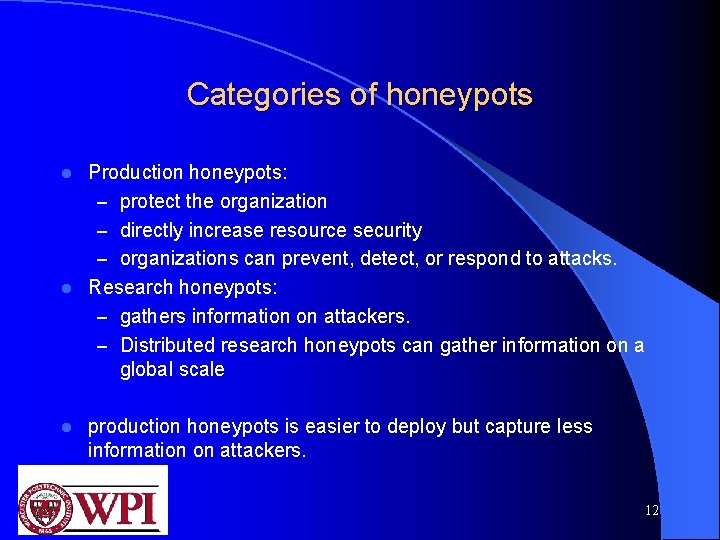 Categories of honeypots Production honeypots: – protect the organization – directly increase resource security
