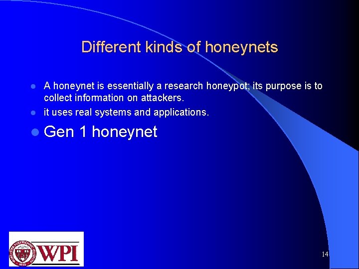 Different kinds of honeynets A honeynet is essentially a research honeypot; its purpose is
