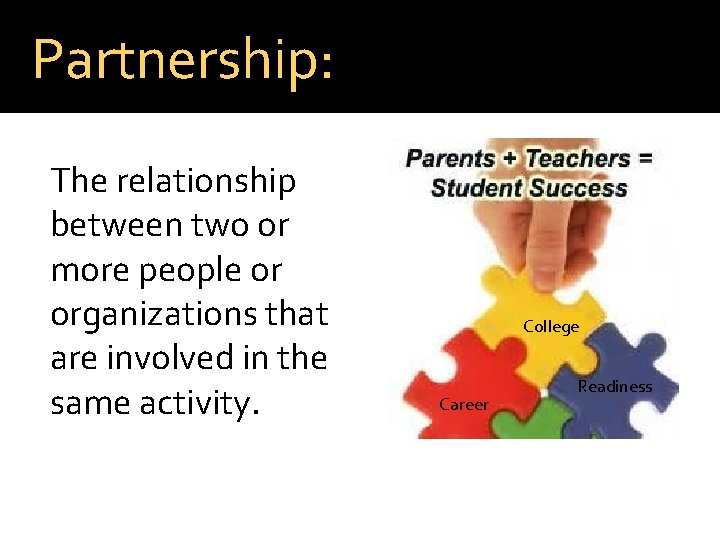 Partnership: The relationship between two or more people or organizations that are involved in