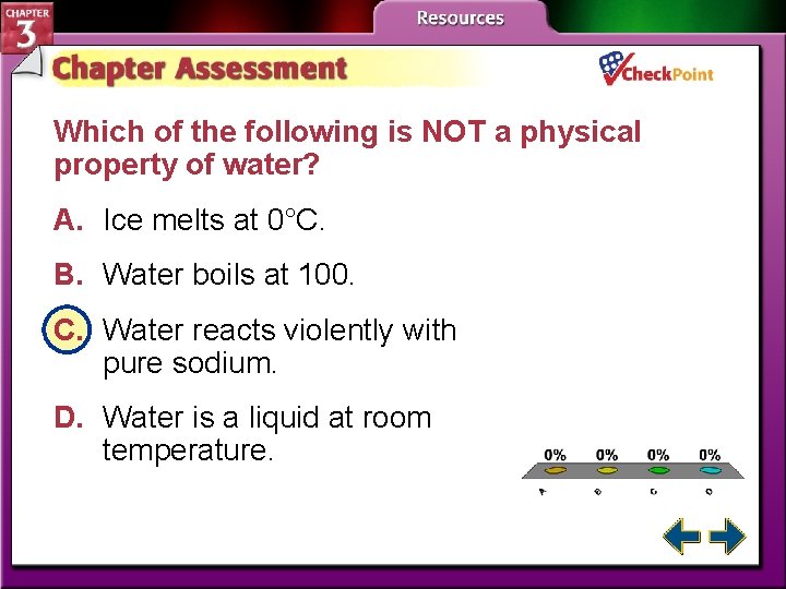 Which of the following is NOT a physical property of water? A. Ice melts