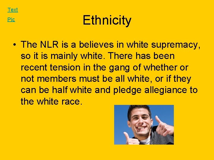 Text Pic Ethnicity • The NLR is a believes in white supremacy, so it