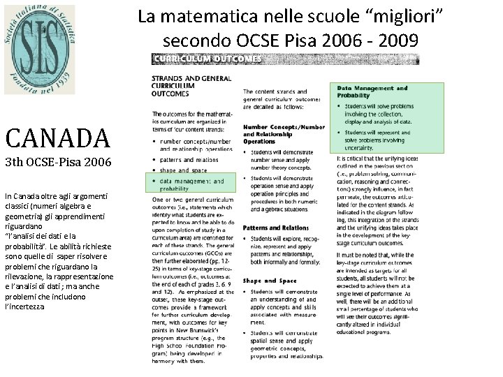La matematica nelle scuole “migliori” secondo OCSE Pisa 2006 - 2009 CANADA 3 th