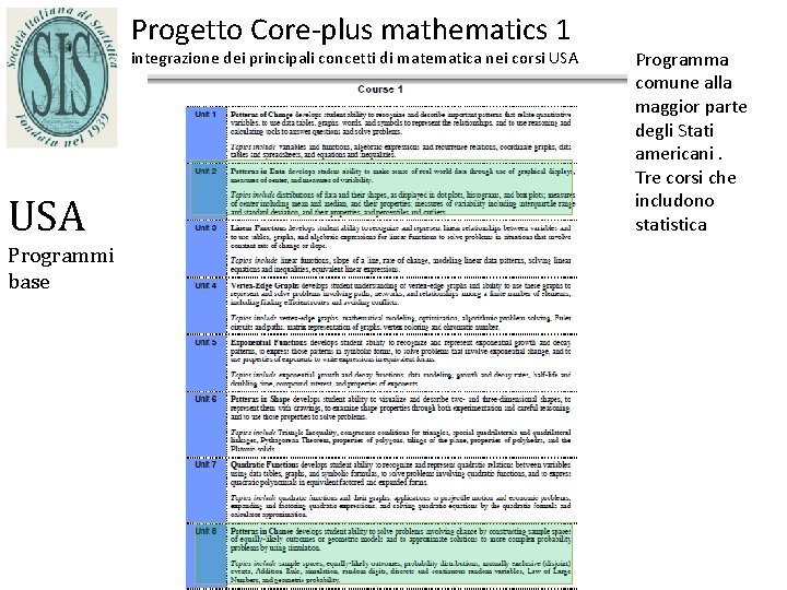 Progetto Core-plus mathematics 1 integrazione dei principali concetti di matematica nei corsi USA Programmi
