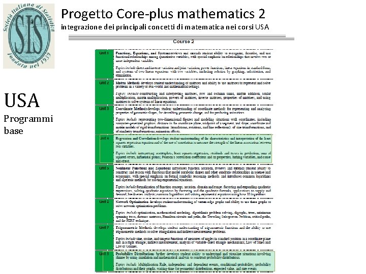 Progetto Core-plus mathematics 2 integrazione dei principali concetti di matematica nei corsi USA Programmi