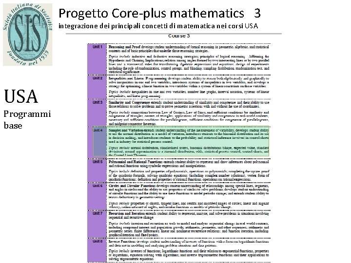 Progetto Core-plus mathematics 3 integrazione dei principali concetti di matematica nei corsi USA Programmi