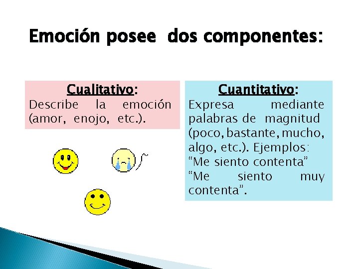 Emoción posee dos componentes: Cualitativo: Describe la emoción (amor, enojo, etc. ). Cuantitativo: Expresa