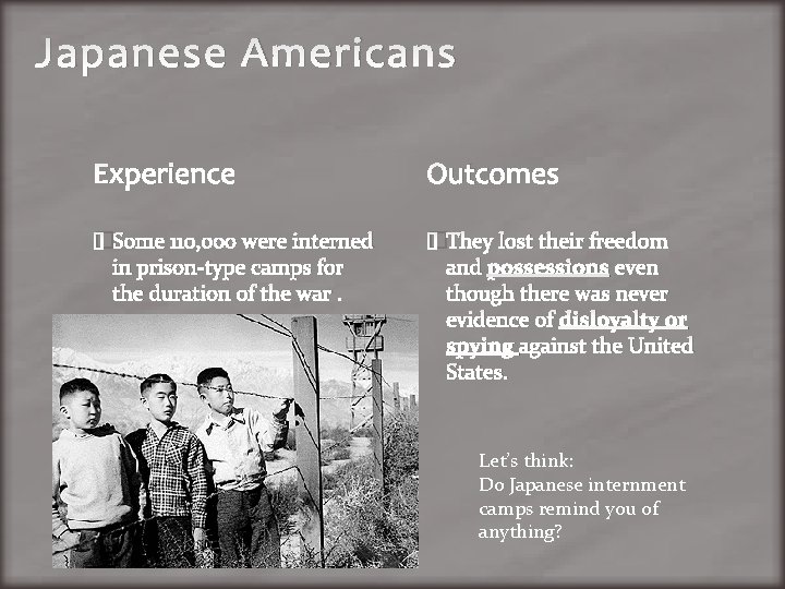 Japanese Americans Experience Outcomes �Some 110, 000 were interned in prison-type camps for the