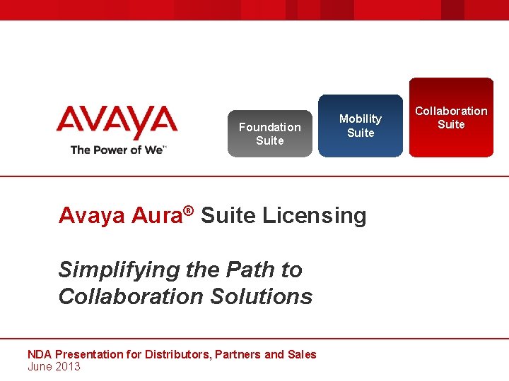 Foundation Suite Mobility Suite Avaya Aura® Suite Licensing Simplifying the Path to Collaboration Solutions