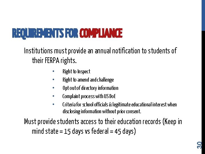 REQUIREMENTS FOR COMPLIANCE Institutions must provide an annual notification to students of their FERPA