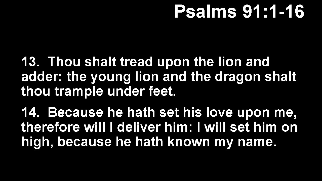 Psalms 91: 1 -16 13. Thou shalt tread upon the lion and adder: the