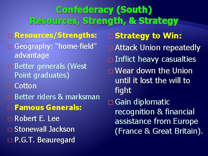 Confederacy (South) Resources, Strength, & Strategy Resources/Strengths: � Geography: “home-field” advantage � Better generals