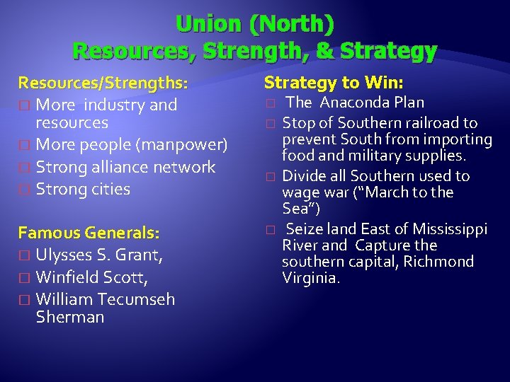 Union (North) Resources, Strength, & Strategy Resources/Strengths: � More industry and resources � More