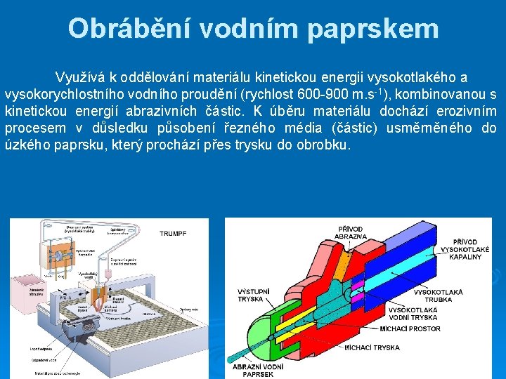 Obrábění vodním paprskem Využívá k oddělování materiálu kinetickou energii vysokotlakého a vysokorychlostního vodního proudění