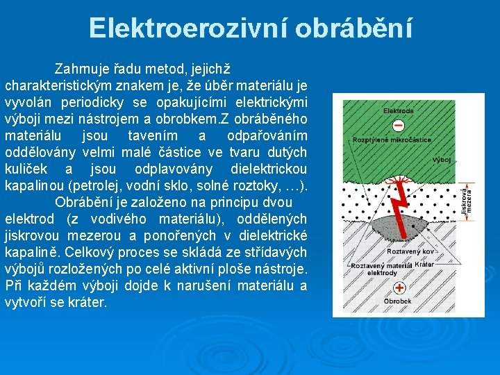 Elektroerozivní obrábění Zahrnuje řadu metod, jejichž charakteristickým znakem je, že úběr materiálu je vyvolán