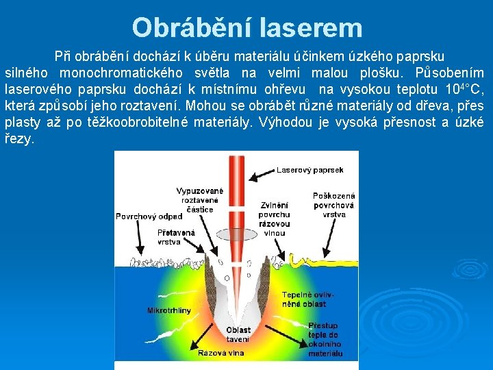 Obrábění laserem Při obrábění dochází k úběru materiálu účinkem úzkého paprsku silného monochromatického světla