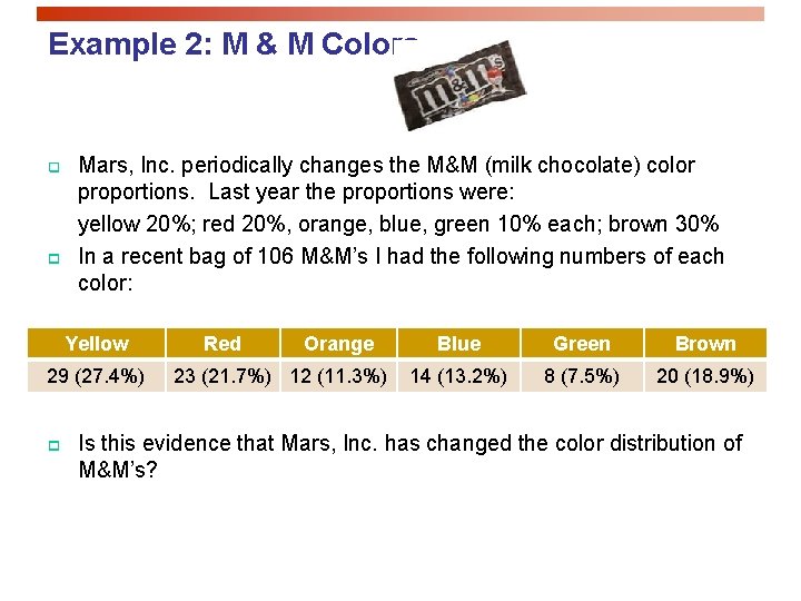 Example 2: M & M Colors q p Mars, Inc. periodically changes the M&M Example 2: M & M Colors q p Mars, Inc. periodically changes the M&M