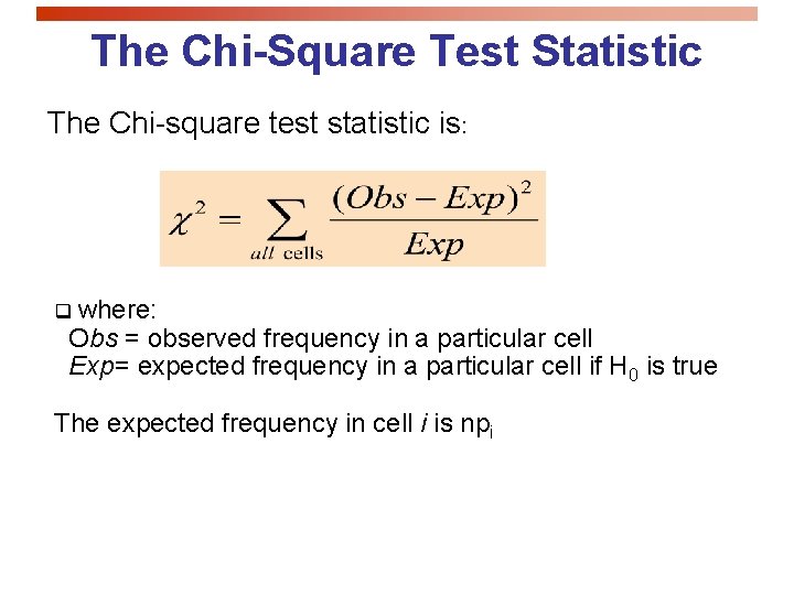 The Chi-Square Test Statistic The Chi-square test statistic is: q where: Obs = observed The Chi-Square Test Statistic The Chi-square test statistic is: q where: Obs = observed