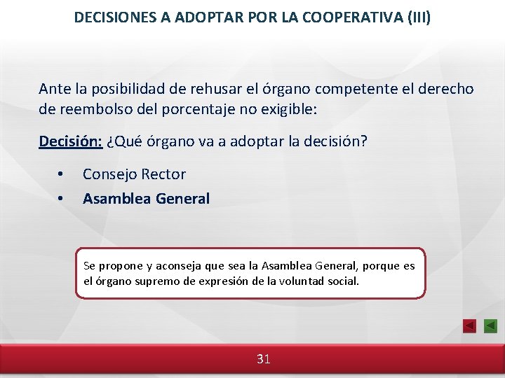 DECISIONES A ADOPTAR POR LA COOPERATIVA (III) Ante la posibilidad de rehusar el órgano