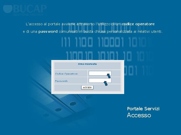 L’accesso al portale avviene attraverso l’utilizzo di un codice operatore e di una password