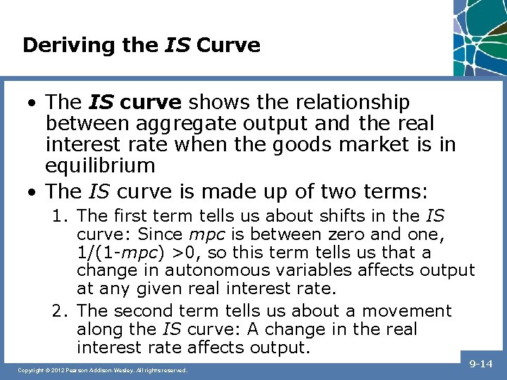 Deriving the IS Curve • The IS curve shows the relationship between aggregate output