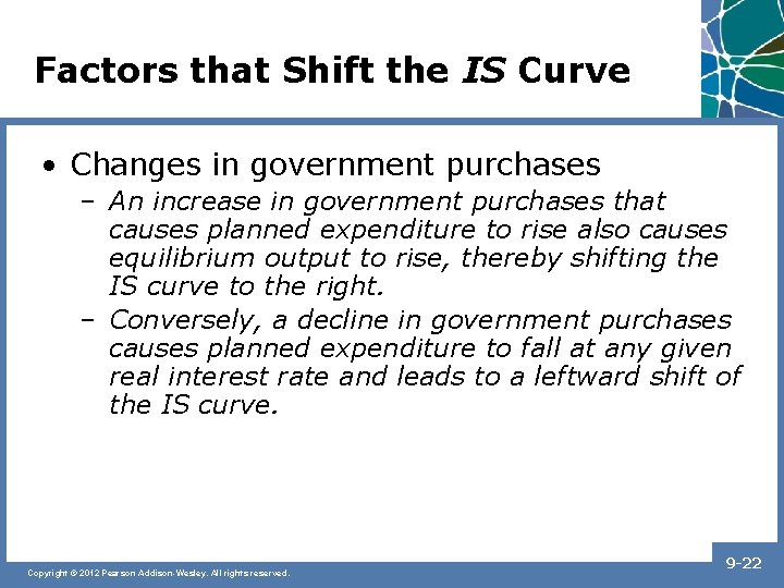Factors that Shift the IS Curve • Changes in government purchases – An increase