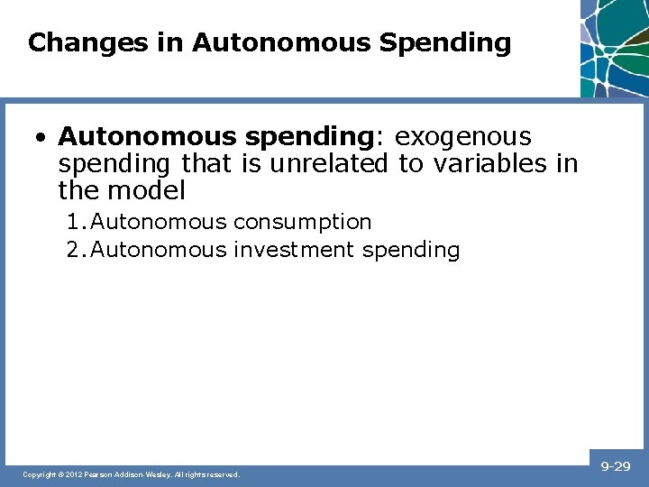 Changes in Autonomous Spending • Autonomous spending: exogenous spending that is unrelated to variables