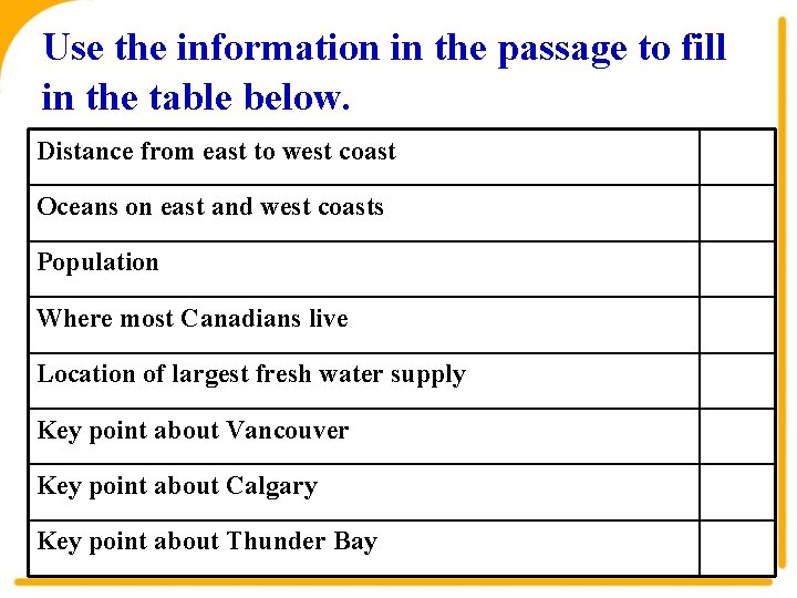 Use the information in the passage to fill in the table below. Distance from