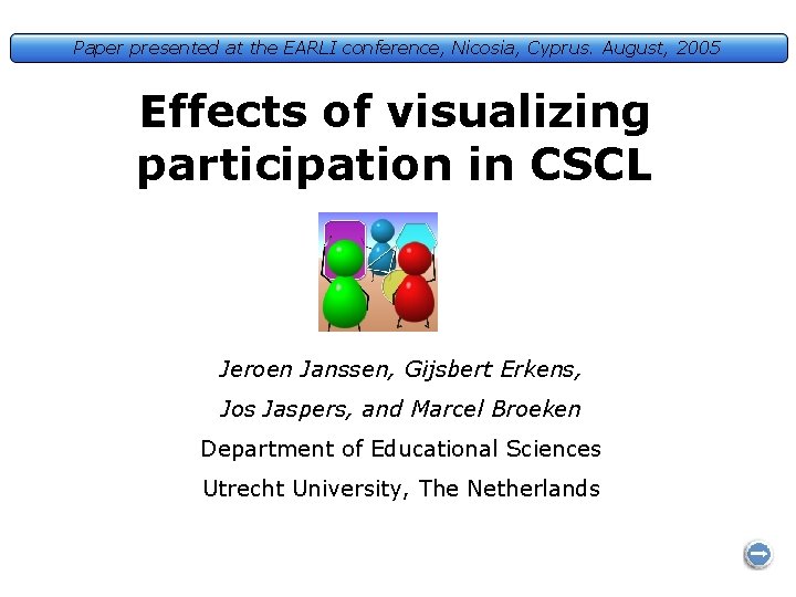 Paper presented at the EARLI conference, Nicosia, Cyprus. August, 2005 Effects of visualizing participation