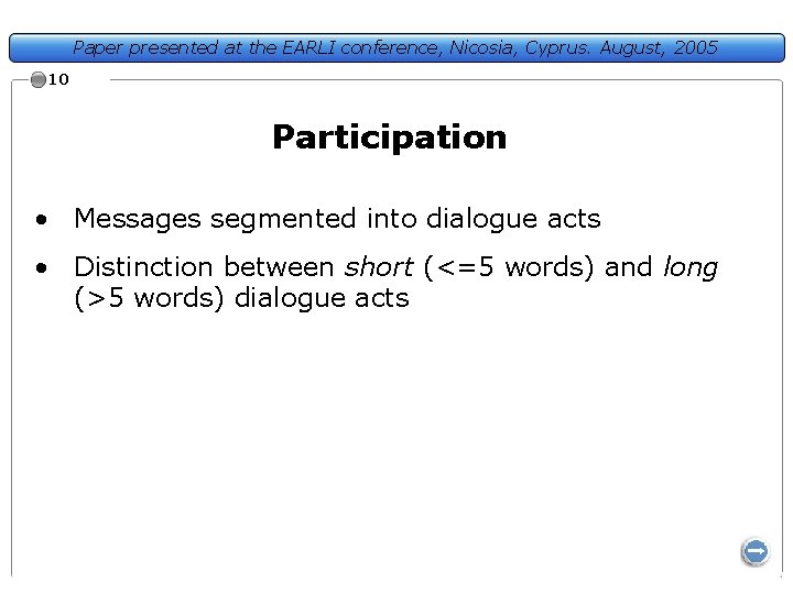 Paper presented at the EARLI conference, Nicosia, Cyprus. August, 2005 10 Participation • Messages