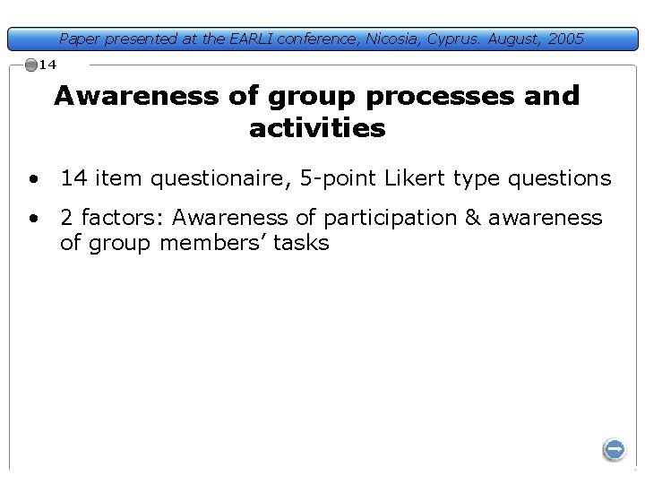 Paper presented at the EARLI conference, Nicosia, Cyprus. August, 2005 14 Awareness of group